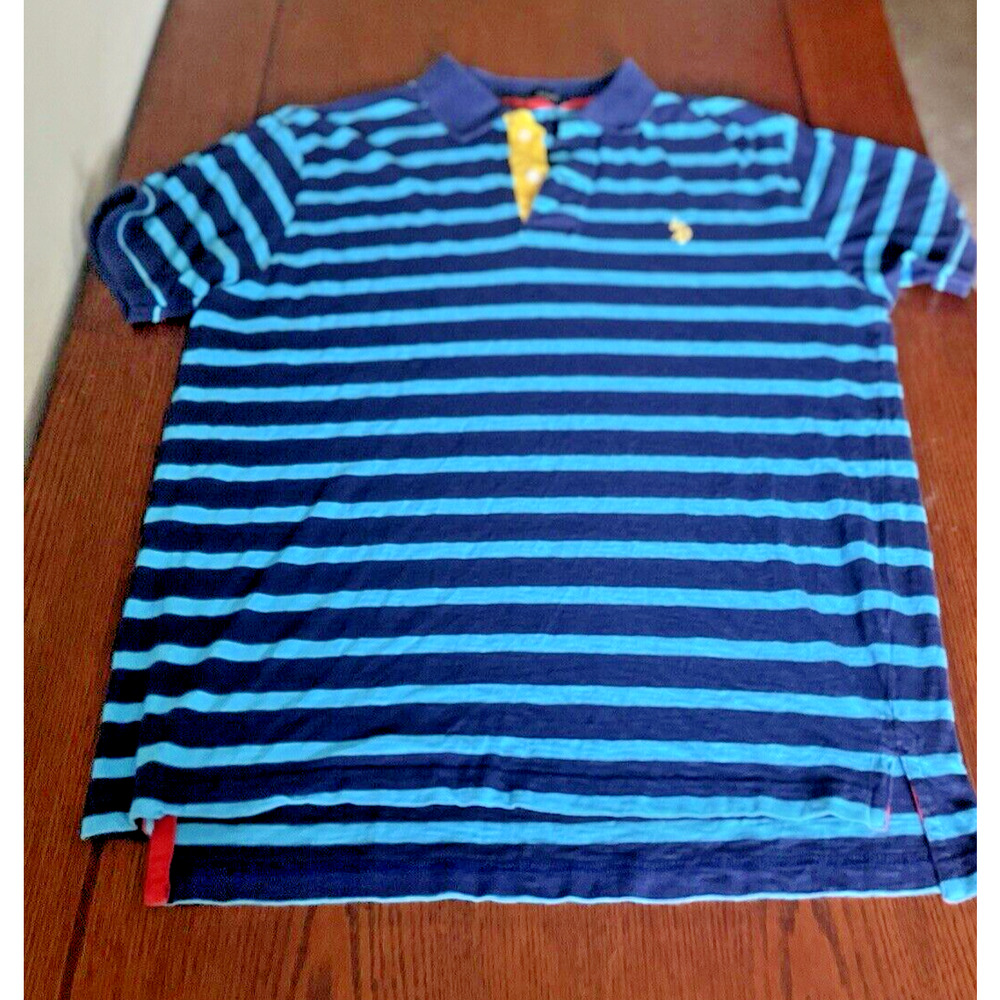 U.S. Polo Assn. Blue Striped Shirt Men's Size Large Slim Fit Yellow Pony RN98826